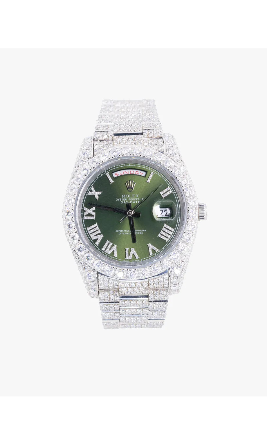 Iced out Rolex Day-Date 40 Roman Numerals Olive Green Dial VVS Moissanite Stainless Steel Hip-Hop Personalized Custom Watch